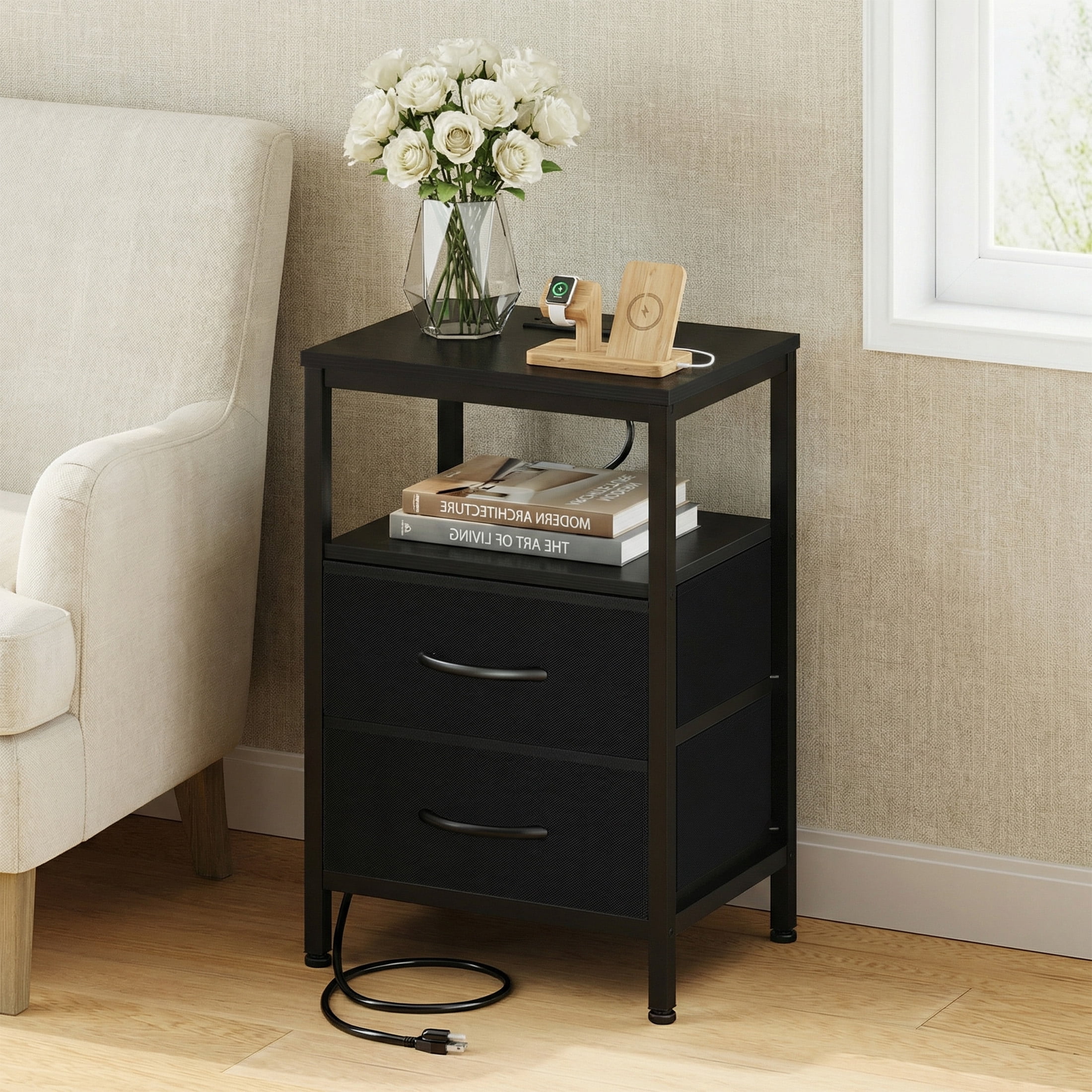 EDX Wall-mounted bedside table, featuring a built-in socket with USB/Type-C interface and adjustable drawers (two drawers). Suitable for bedroom space-saving design. Black
