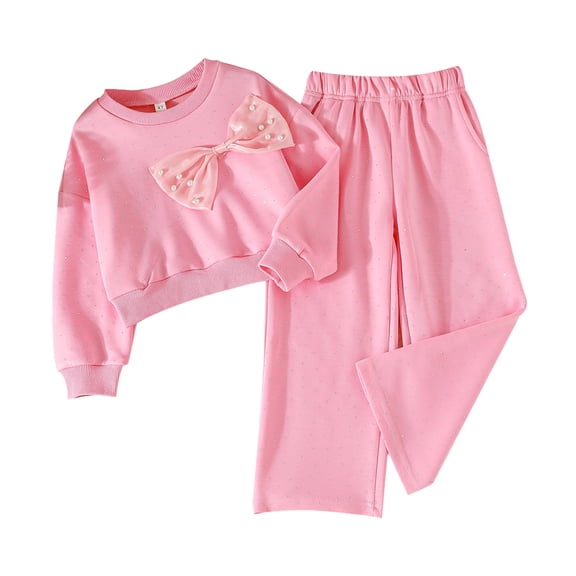 Likimi Toddler Girls Two Piece Set Solid Color Crew Neck Long Sleeve Pullover Tops With Bow Long Pants Comfort Outfits Suit Size 6-7 Years Pink
