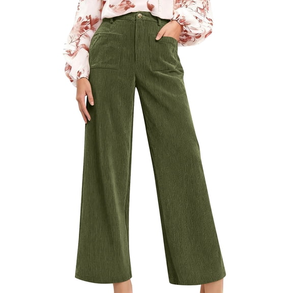 Women'S Corduroy Wide Leg Pants with Patch Pockets Casual Slim Fit Elastic Waist Trousers Green S