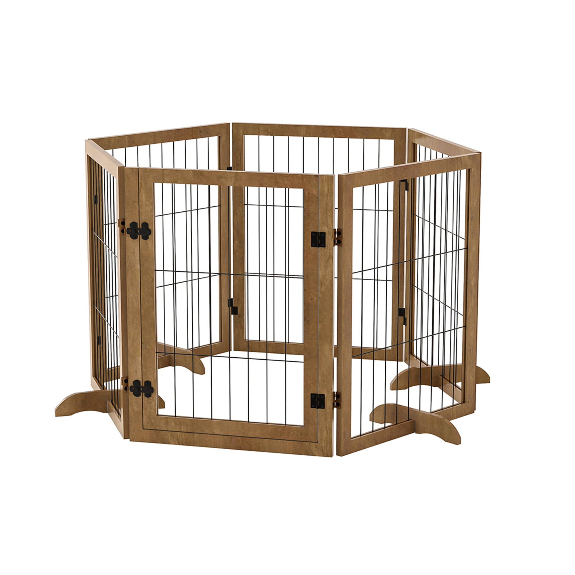 Pefilos 144" Wide Folding Pet Gate, 32" Tall No-Assembly Wood Dog Gate with Door Walk Through, Freestanding Wire Pet Gate, Pet Puppy Safety Fence, Brown Pefilos 144" Wide Folding Pet Gate, 32" Tall No-Assembly Wood Dog Gate with Door Walk Through, Freestanding Wire Pet Gate, Pet Puppy Safety Fence, Brown