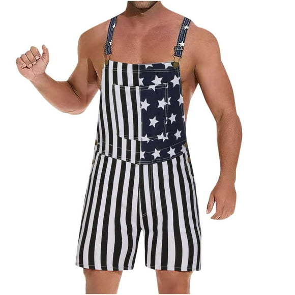 fartey Men July 4th Jumpsuits 2023 Relaxed Adjustable Strap Multi Pockets Romper Sleeveless Square Neck Summer Onesie, XS-5XL