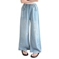 thumbnail image 2 of EnJoCho Teen Girls Jeans Straight Wide Leg Soli𝖽 Tone Elastic Waist Loose Denim Pants Stretch Trousers For Spring Autumn Back-to-School Outdoor Everyday Streetwear Casual Bottoms, 2 of 8