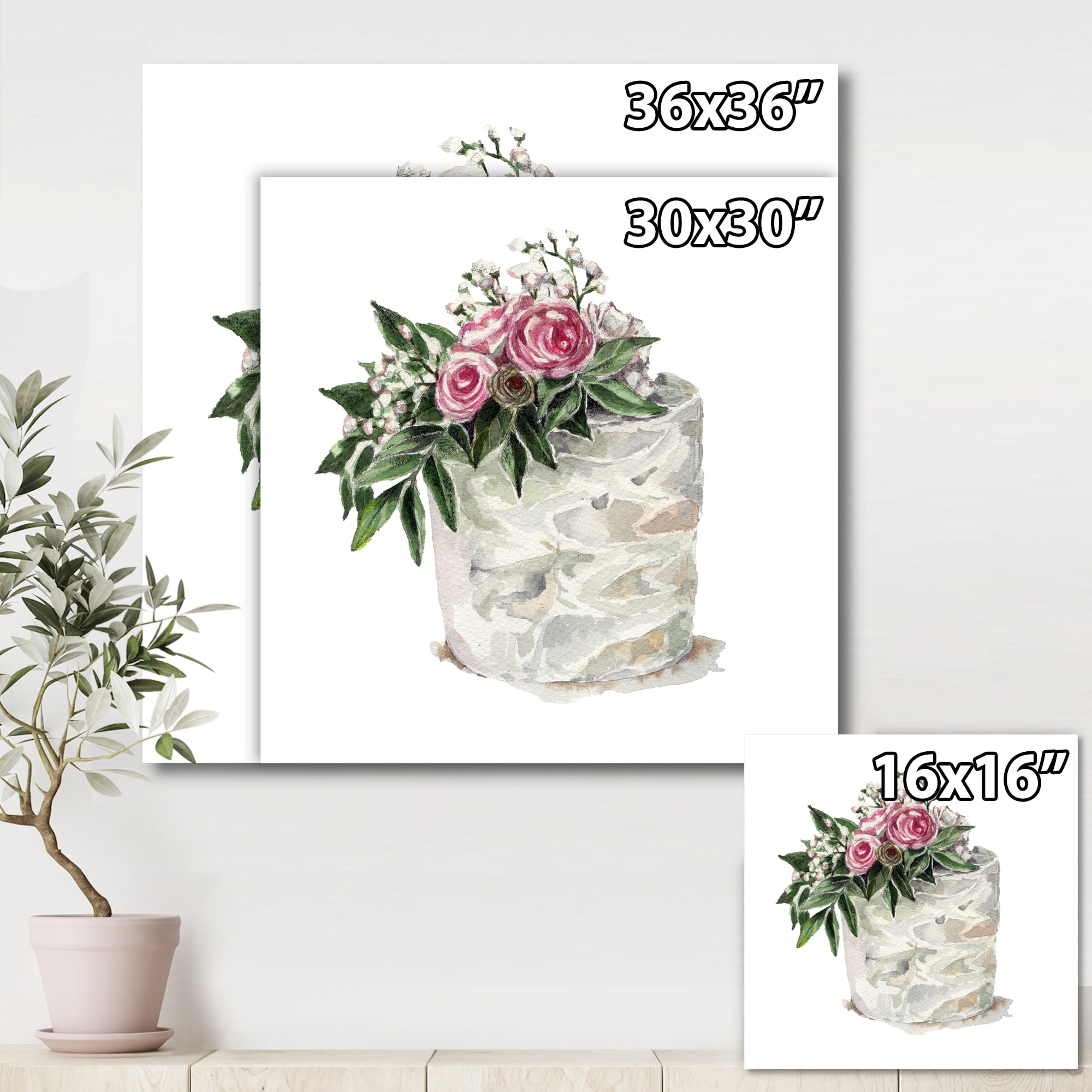 White Flowers and Pink Roses On Cake 16 in x 16 in Painting Canvas Art Print, by Designart