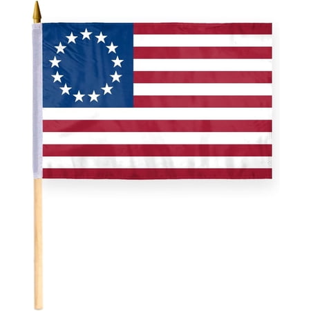 AGAS First United States Flag Betsy Ross Stick Flags 12 x 18 inch, 24" Wooden Staff 100% Polyester 13 Star American Flag Mini Handheld Flag