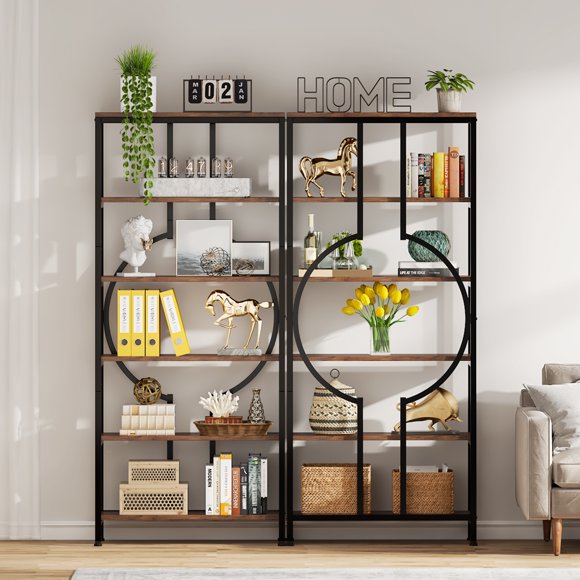 70.9 Inch Industrial Bookshelf, 6-Tier Tall Etagere Bookcase, Rustic Brown and Black (Set of 2)