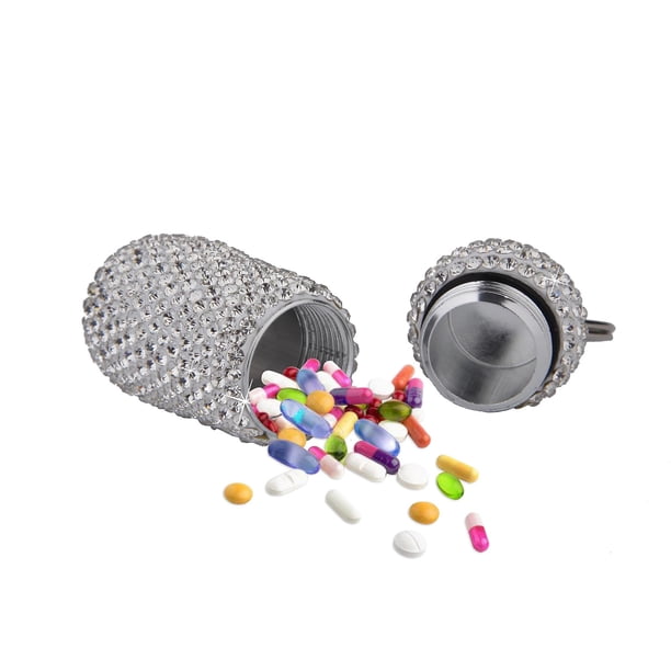 Pastillero de bolsillo con tachuelas de diamantes de imitación con llavero de aleación de aluminio, aspecto impresionante, caja de almacenamiento de pastillas para exteriores (1 Uds.-rosa)