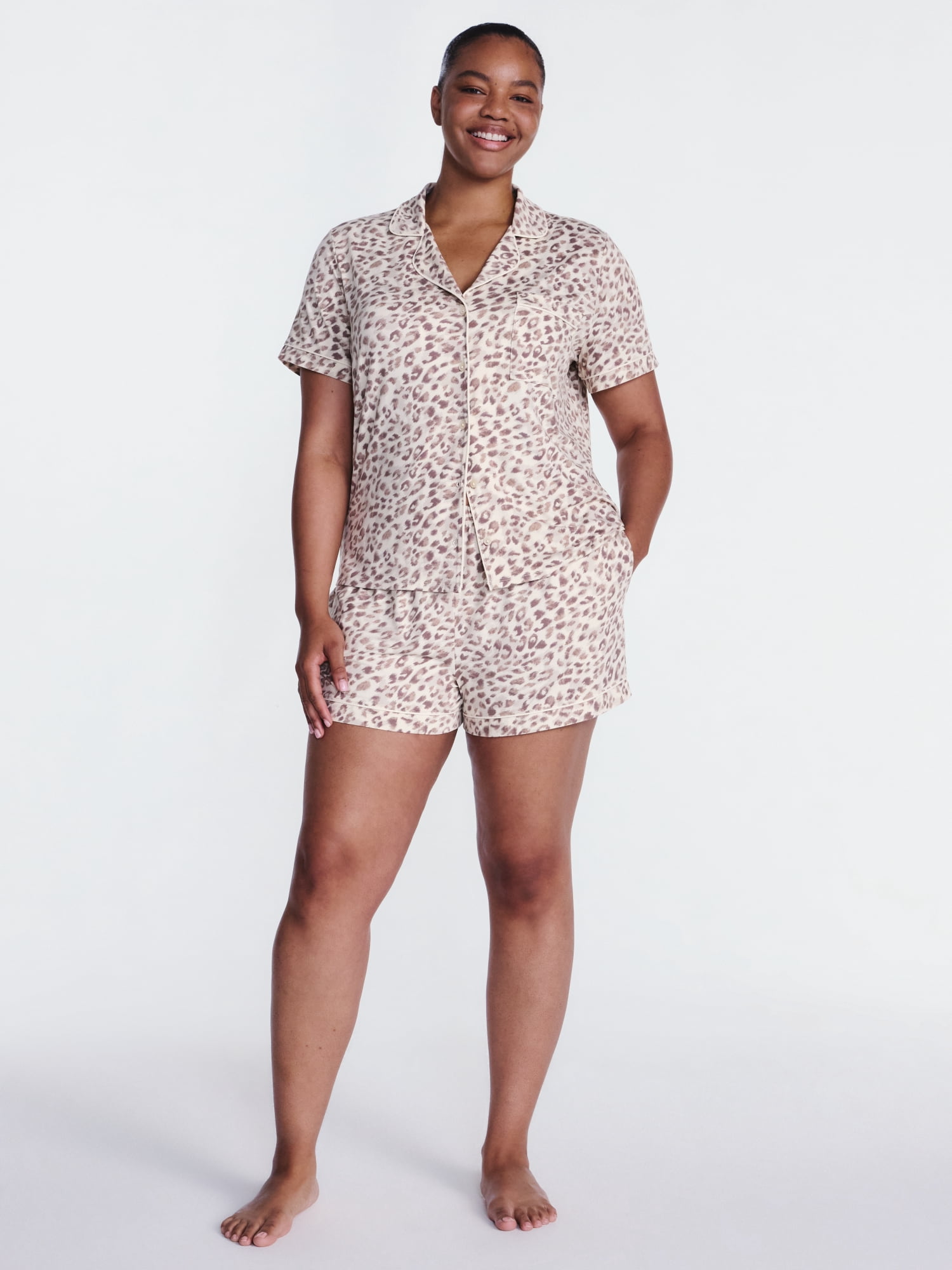 Joyspun Women’s Dreamy Soft Collection Notch Collar Knit Top and Boxer Shorts, 2-Piece Pajama Set, Sizes XS-3X