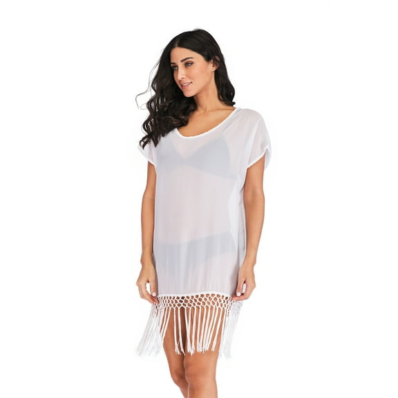 Swim Bathing Suit Cover up Dress Chiffon Tassel Beach Bikini Swimsuit Swimwear Cover up for Women, White