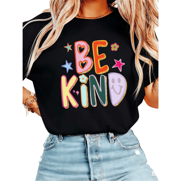 Women Be Kind Retro Smile Graphic Tees T-Shirt Tops Round Neck Cotton T-Shirt Black S-5XL