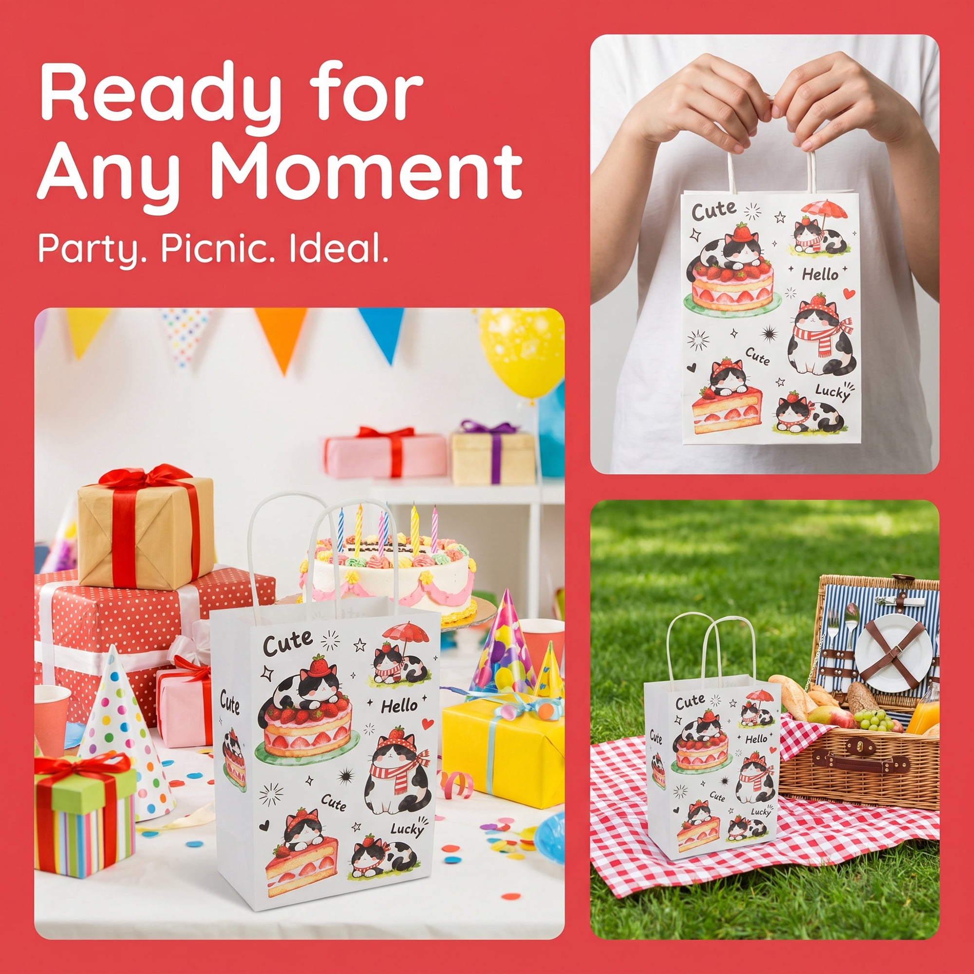 Unique Bargains Cartoon Gift Bags with Handles for Occasions Red Cat 5.9" x 3.1" x 8.3"