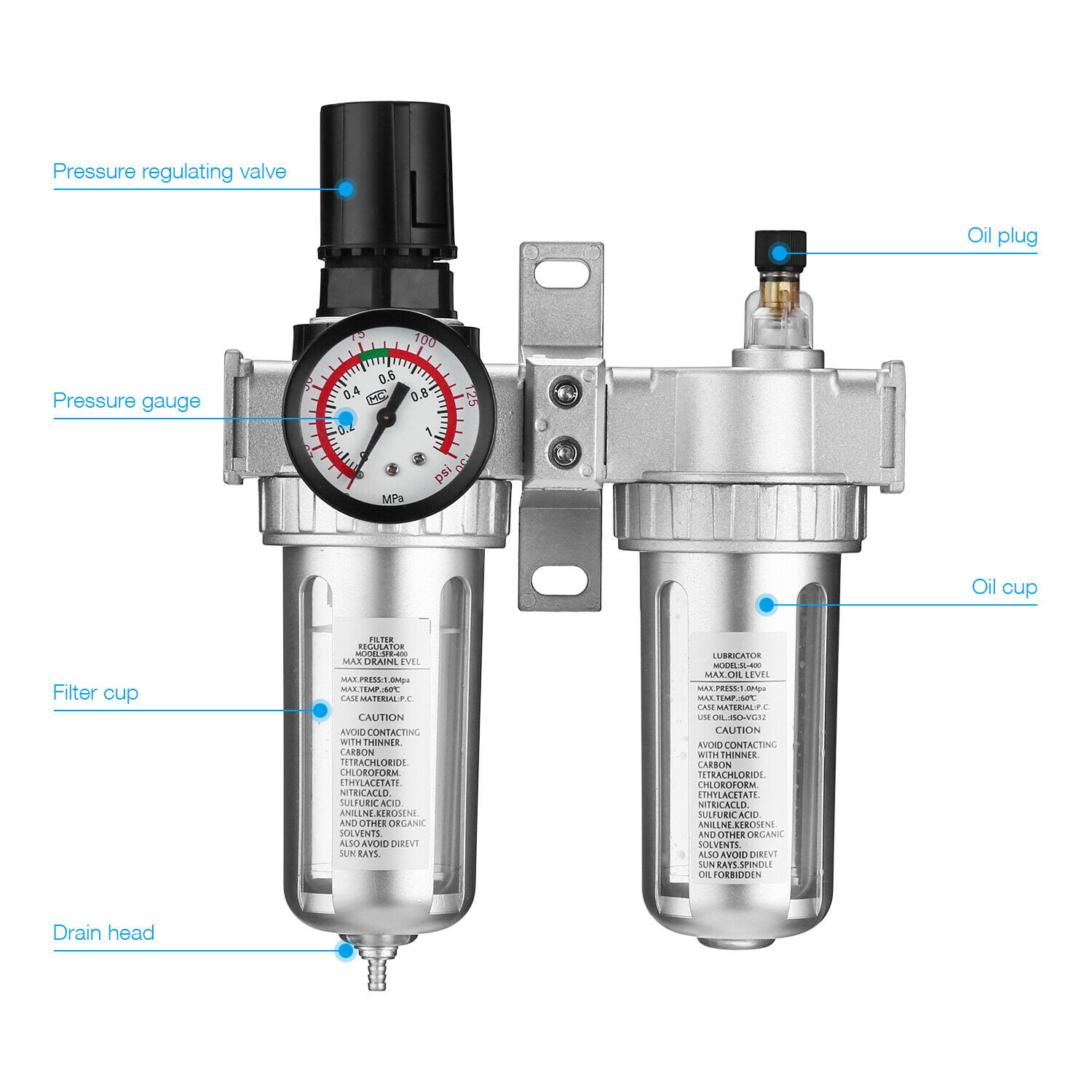 G1/2" Air Compressor Filter Oil Water Separator Trap Tools W/Regulator Gauge US 