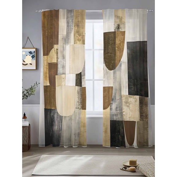 Abstract Color Block Sheer Curtains 84 Inches Long 2 Panels Brown Beige Black Geometric Modern Art Light Filtering Semi Sheer Window Curtains Drapes for Bedroom Living Room 52"x84"