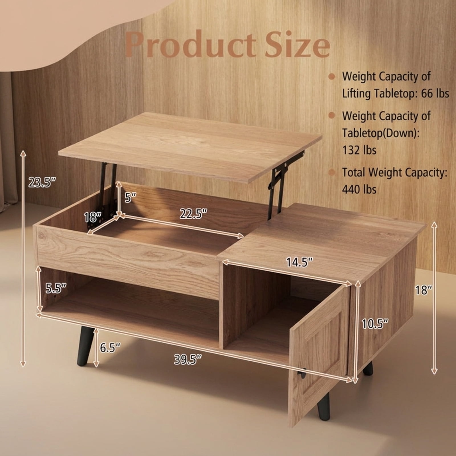Furnibear Lift Top Coffee Table with Storage and Hidden Compartment - Natural - Living Room Cocktail Center Table