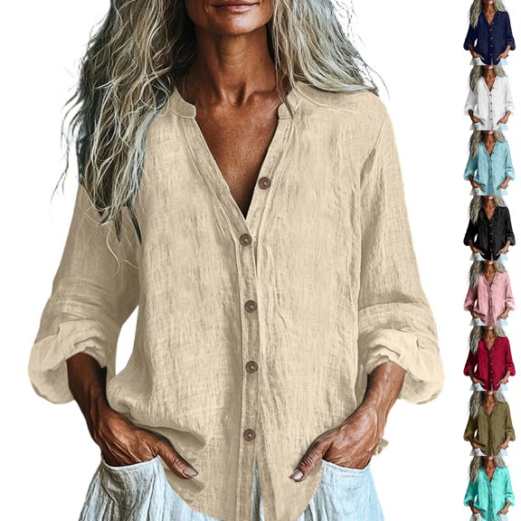 Nmnitkp Long Sleeve Shirts for Women Cotton Linen Button Down Shirt Stand V Neck Roll Up Long Sleeve Loose Fit Casual Blouse for Fall Work Daily Loungewear Beige,S