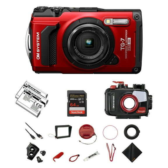 OM SYSTEM Tough TG-7 Digital Camera with Built-In Wi-Fi & GPS - Red | 12MP Adventure Camera with PT-059 Underwater Housing, Extra LI-92B Rechargeable Battery & 64GB Extreme Pro SD Card Bundle Set