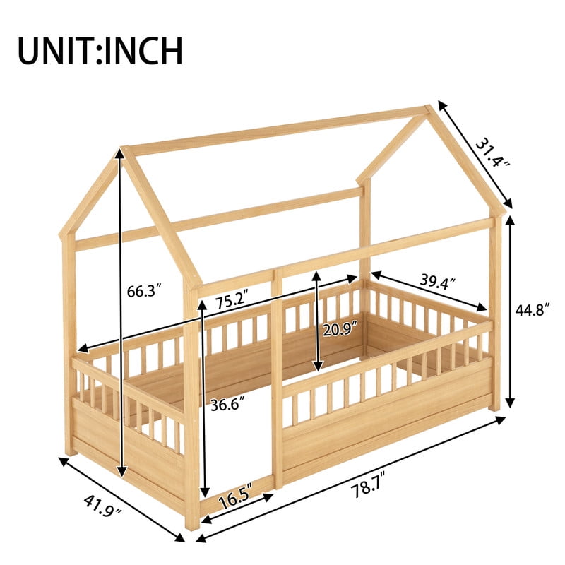 Bellemave Twin Size Montessori Bed, Wood Twin House Beds with Fence, Floor Bed with Roof for Bedroom Playroom（Natural）