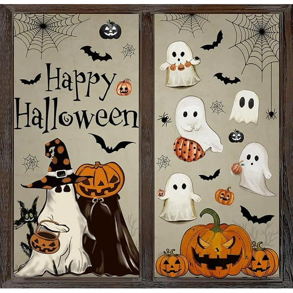 6 Sheets Halloween Window Clings Vintage Ghost Evil Pumpkin Bat Reusable Window Decals for Halloween Fall Party Supplies Home Glass Decor