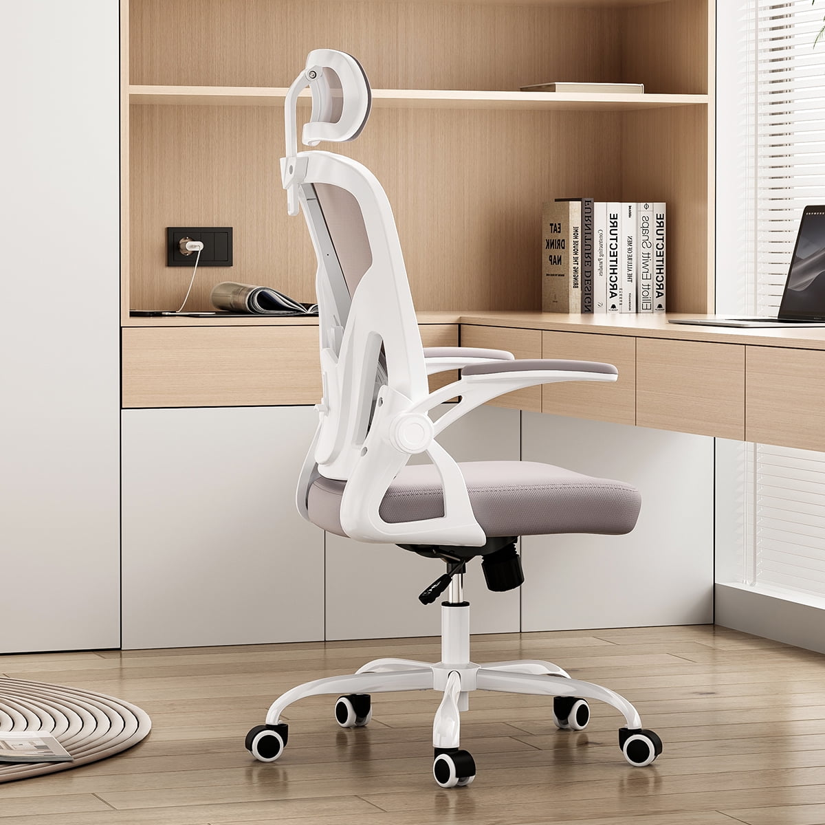 High Back Ergonomic Office Chair with Headrest, White & Gray Adjustable Lumbar Support Computer Desk Chair, Comfortable Armrest Task Chair for Home Office Study Room
