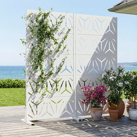 MAYEERTY 2-Piece Outdoor Metal Privacy Screen 5ft White, 5-Panel Geometric Y-Pattern Decorative Screen for Patio