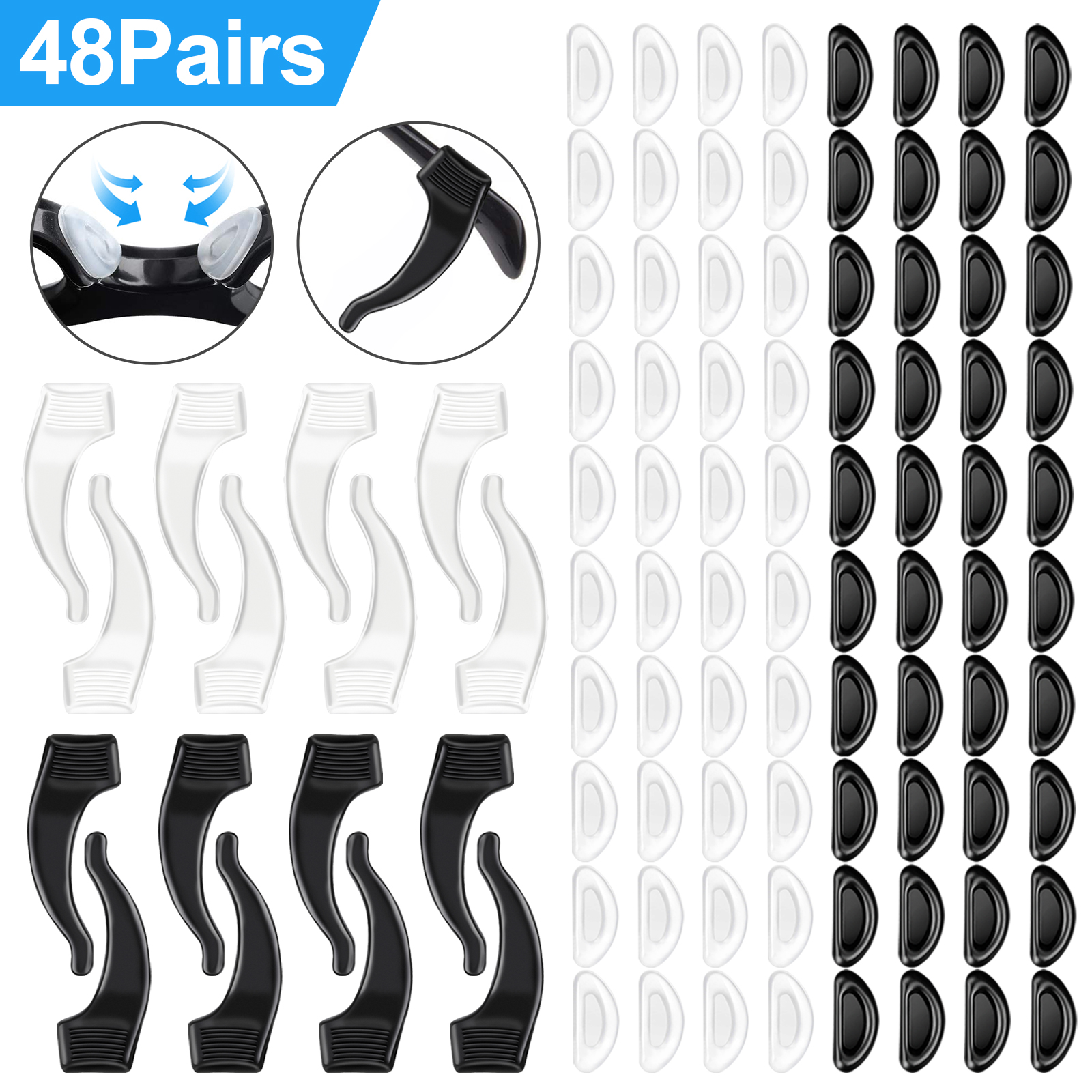 40 Pairs Eyeglass Nose Pads and 8 Pairs Eyeglass Retainer Sticky Pads Silicone Glasses Nose pad