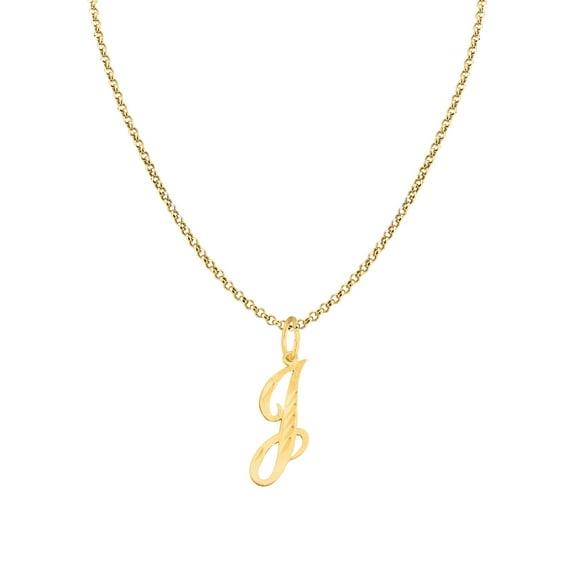 Genuine 14K Yellow Gold 0.78" Fancy Cursive Letter Initial J Necklace 16", 18", 20", 22" Trendy Charm Initial Necklaces for Women