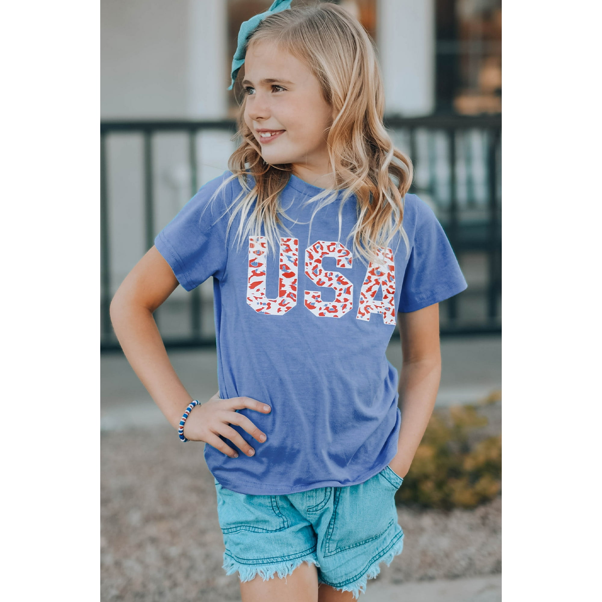 POGLIP Parent child Matching USA Leopard Print Girls T Shirt
