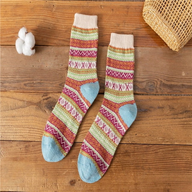 Calcetines gruesos de lana para mujer, hasta media pantorrilla, con bloques de color para otoño e invierno.