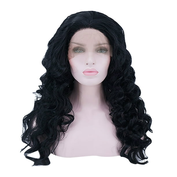 Unique Bargains Pelucas delanteras de encaje para mujer 18 Onda de agua larga negra con gorro de peluca
