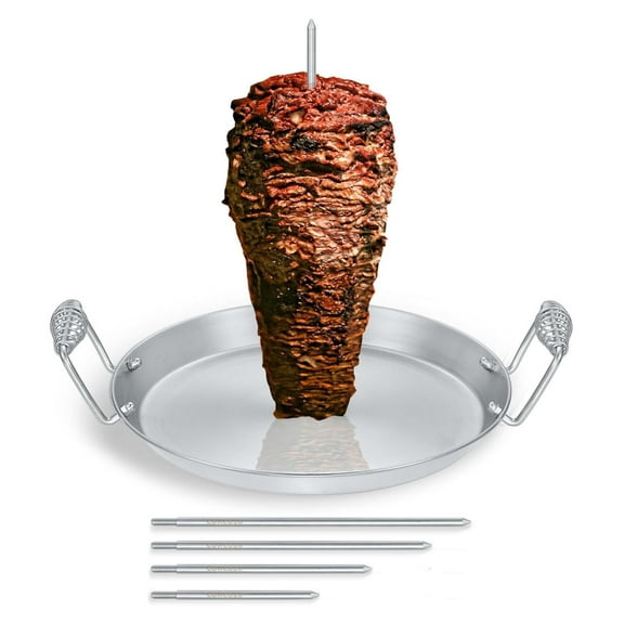 Stainless Steel Vertical Al Pastor Skewer with Plate for Outdoor BBQ Grills. Great for Tacos, Gyro, Shawarma, whole chickens and more! Includes 5 Skewers