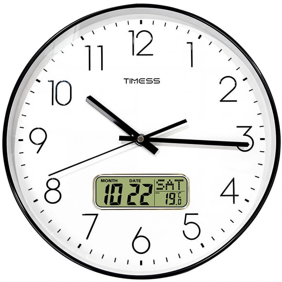 TIMESS Reloj de Pared Silencioso de 14 Pulgadas con Pantalla de Fecha, Números Grandes de Fácil Lectura, Funciona con Batería, Reloj Moderno para el Hogar (Negro)