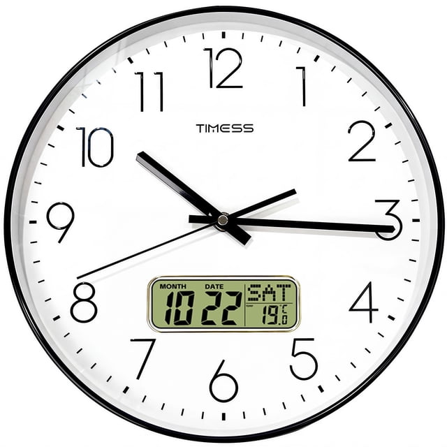 TIMESS Reloj de Pared Silencioso de 14 Pulgadas con Pantalla de Fecha, Números Grandes de Fácil Lectura, Funciona con Batería, Reloj Moderno para el Hogar (Negro)