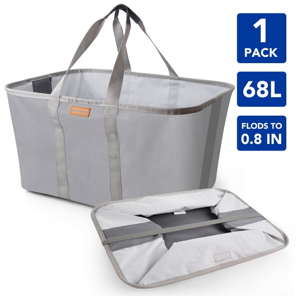68L Collapsible Laundry Hamper, Freestanding 600D Oxford Basket, Folds Flat to 0.8 in, with Carry Handles and Feet, Gray, 1 Pack