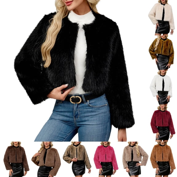 Wiyuqeen Women’s Fashion Cropped Faux Fur Jackets Long Sleeve Fluffy Winter Coats Open Front Casual Cardigan Outerwear Short Coat