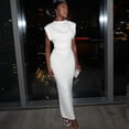 thumbnail image 3 of Women's O-Neck Sleeveless Pleated Lace-Up Waistband Split Hips Wrapped Long Dress, Solid Color, 3 of 18