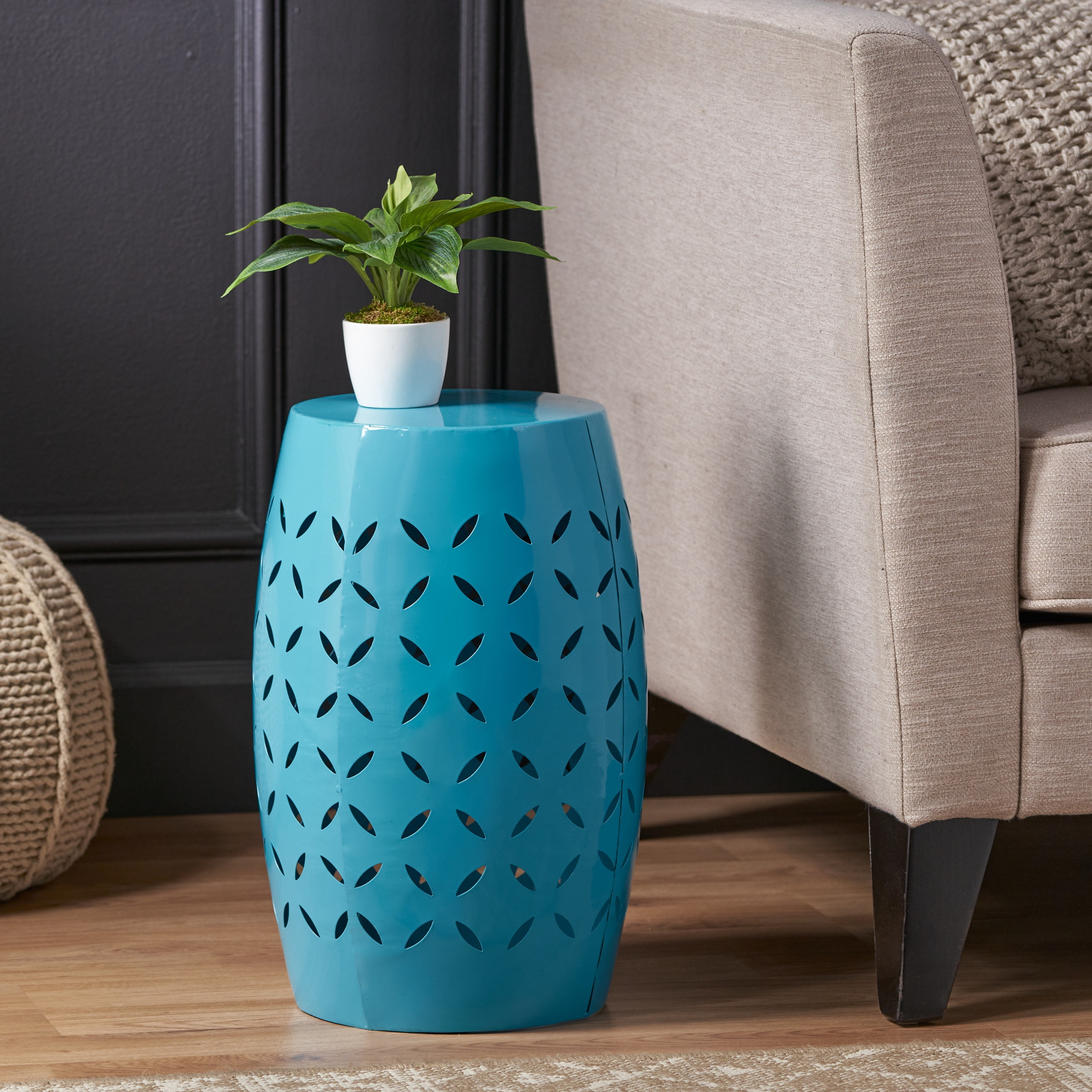 Accent Side Table 12 Inch, Outdoor Cylindrical Design End Table for Patio Balcony, Blue