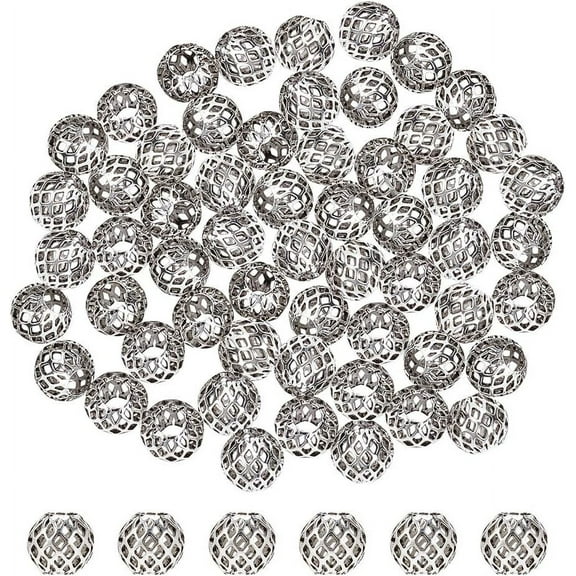 60 Pcs Hollow Round Beads Silver Brass European Beads Filigree Hollow Ball Beads Metal Spacer Beads Accessories