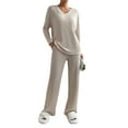 thumbnail image 1 of Kmbangi Women’s Two Piece Loungewear Outfits Set Long Sleeve V Neck Ribbed Knit Tops and Pants Set for Spring Autumn, 1 of 6