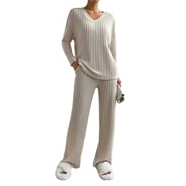 Lucakuins Conjunto de dos piezas para mujer de manga larga con cuello en V y pantalones de punto acanalado Lucakuins moda