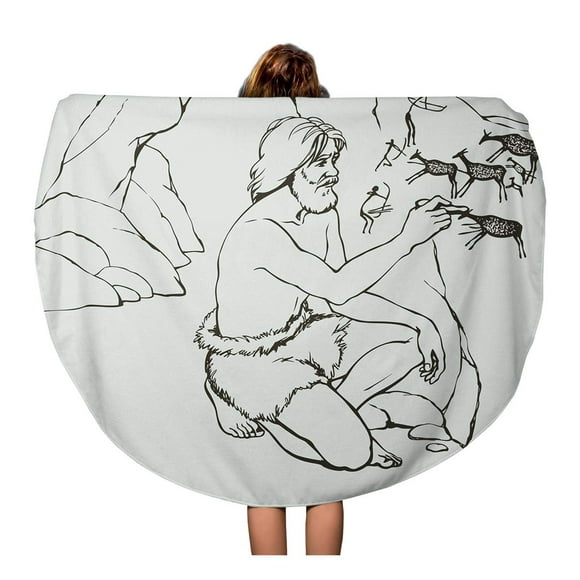 POGLIP 60 inch Round Beach Towel Blanket Outline Primitive Old Man in Loincloth of Furry Travel Circle Circular Towels Mat Tapestry Beach Throw