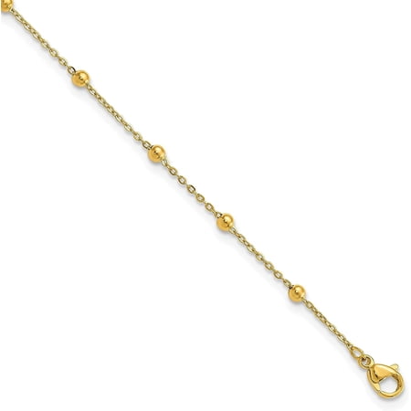 Chisel Stainless Steel Polished Yellow IP-plated Beaded Anklet Plus 1 inch Extension - 9.5" Bracelet