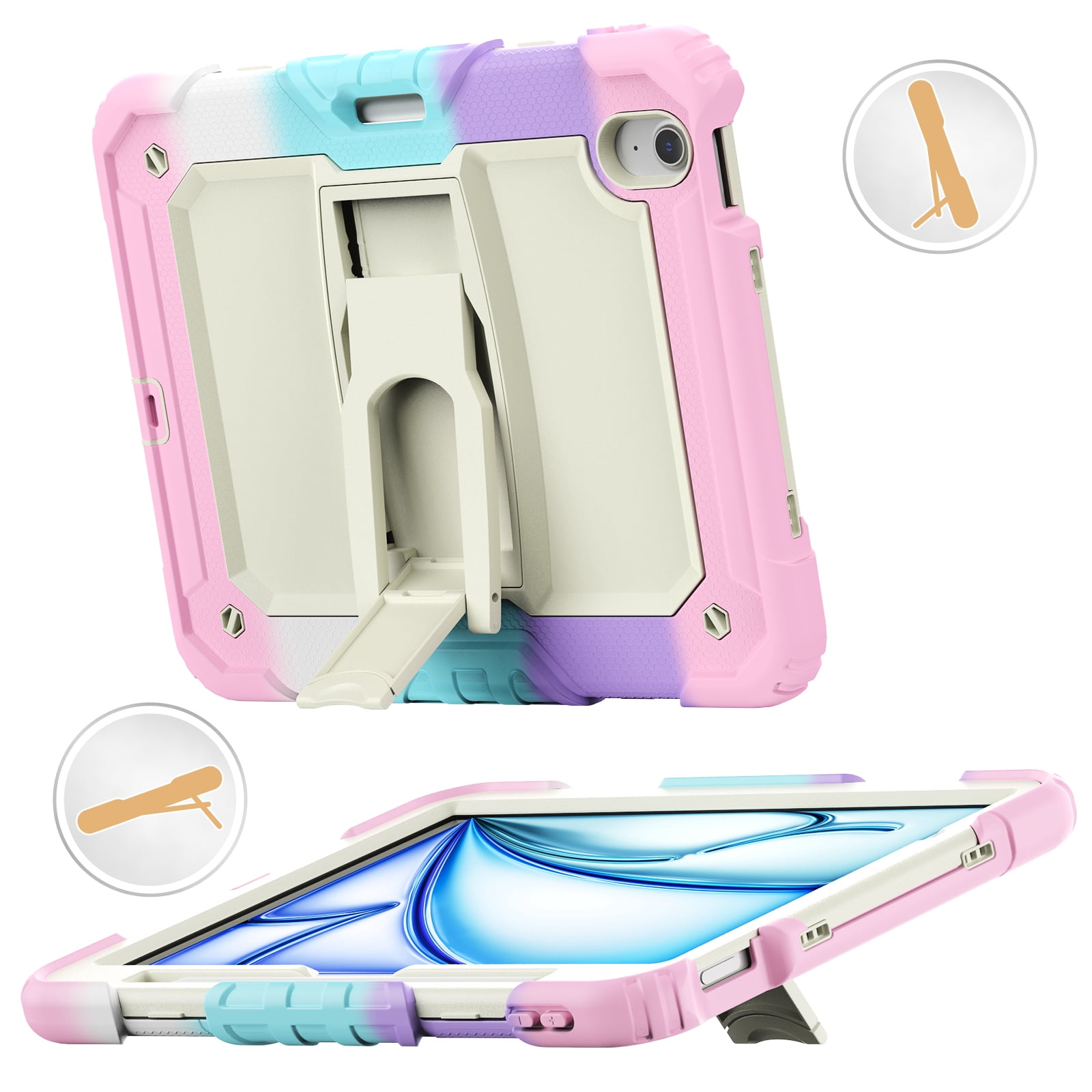 Rugged Case For Apple iPad Air 11 (2024) – 3-Layer Protection Shockproof Stand Cover with Screen Protector, Adjustable Stand, Shoulder Strap, & Pencil Holder -- Colorful Pink