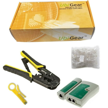100 Connectors - UbiGear Cable Tester + Crimp Crimper +100 RJ45 CAT5 CAT5e Connector Plug Network Tool Kits