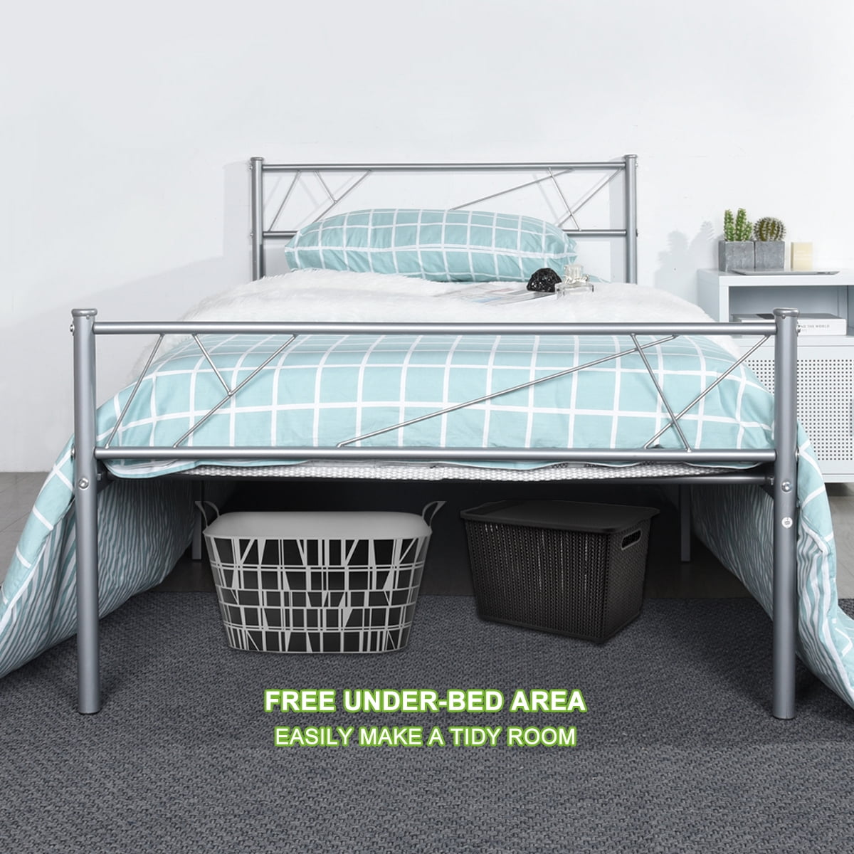 Geniqua Twin Size Bed Frame Steel Silver Foundation Classic Headboard Footboard Foundation Tool Free No Box Spring Needed
