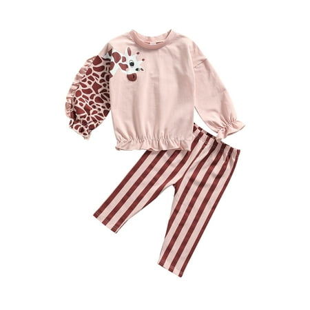 

IZhansean Giraffe/Candy Print Long Sleeve Pullover + Color Block Striped Pants Pink Giraffe 1-2 Years