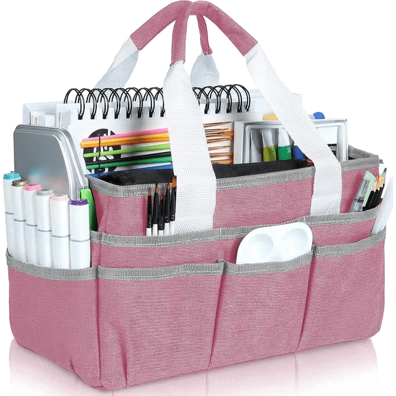 Craft Organizer Tote Bag, Pink Art Storage and Sewing Caddy with Multiple Pockets for Scrapbooking, School, and Office Supplies