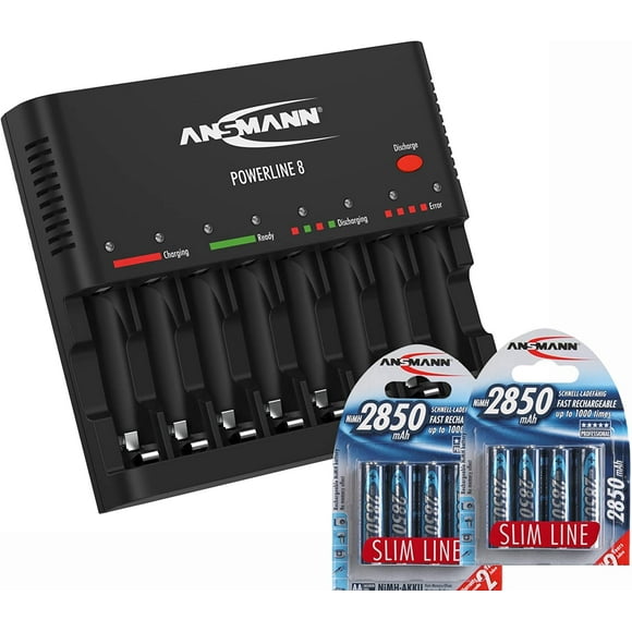 Ansmann 1001-0006-US-590-2 Powerline 8 AAA & AA Smart Battery Charger for AA, AAA w. Discharge Function + 2850mAh Slimline AA Batteries (8-Pack)