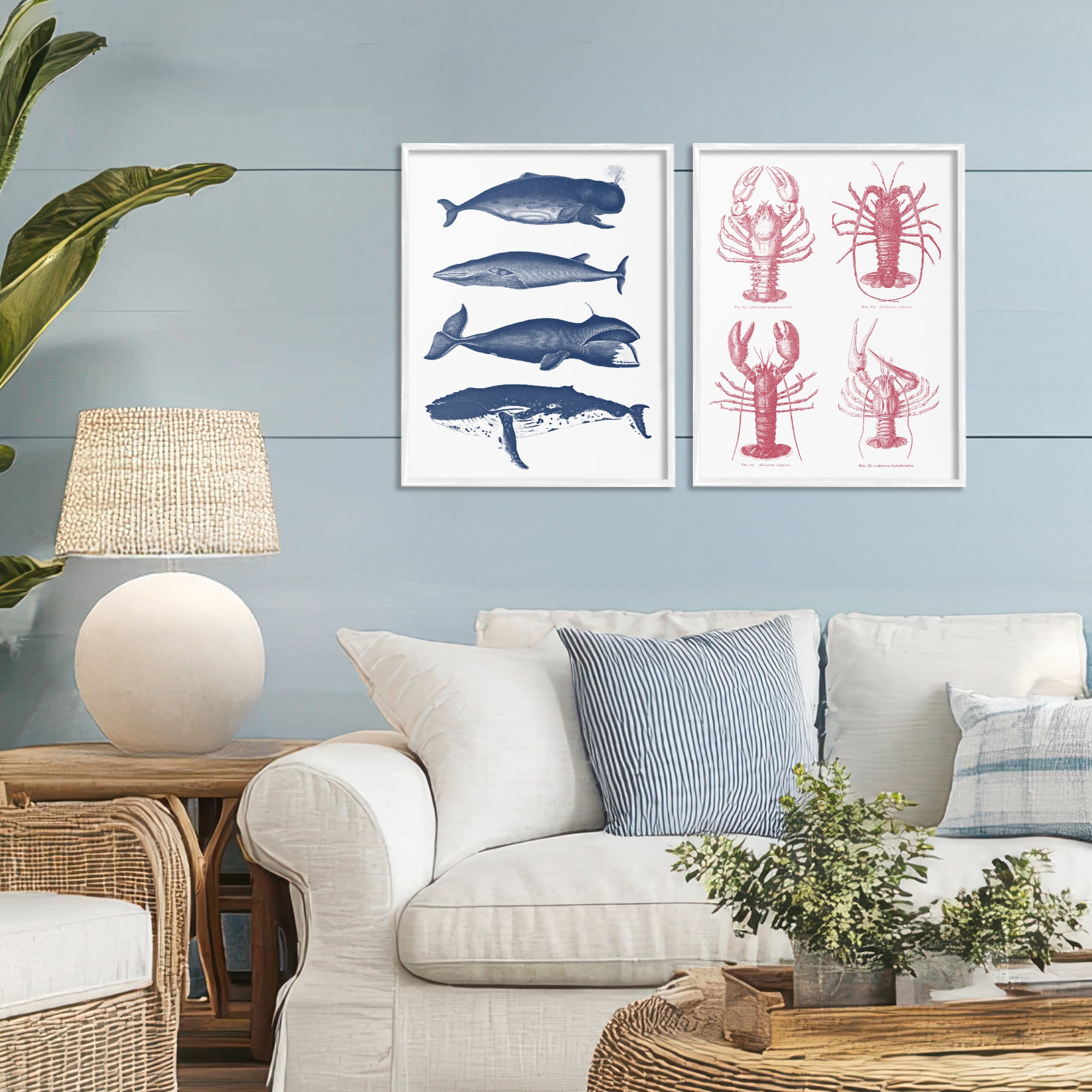 Marine Whales & Lobsters 2 Piece White Framed Giclee Art Set, design by Lettered and Lined