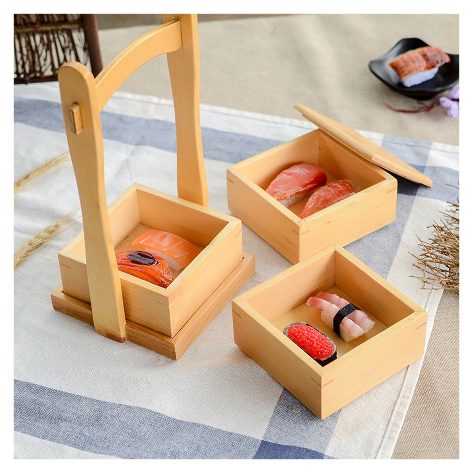 Portable Bento Box with Handle, Vintage Japanese Wooden Lunch Boxes for Food Prep Containers, Traditional Sushi Box for Home, Outdoor Picnic Farmhouse Wooden