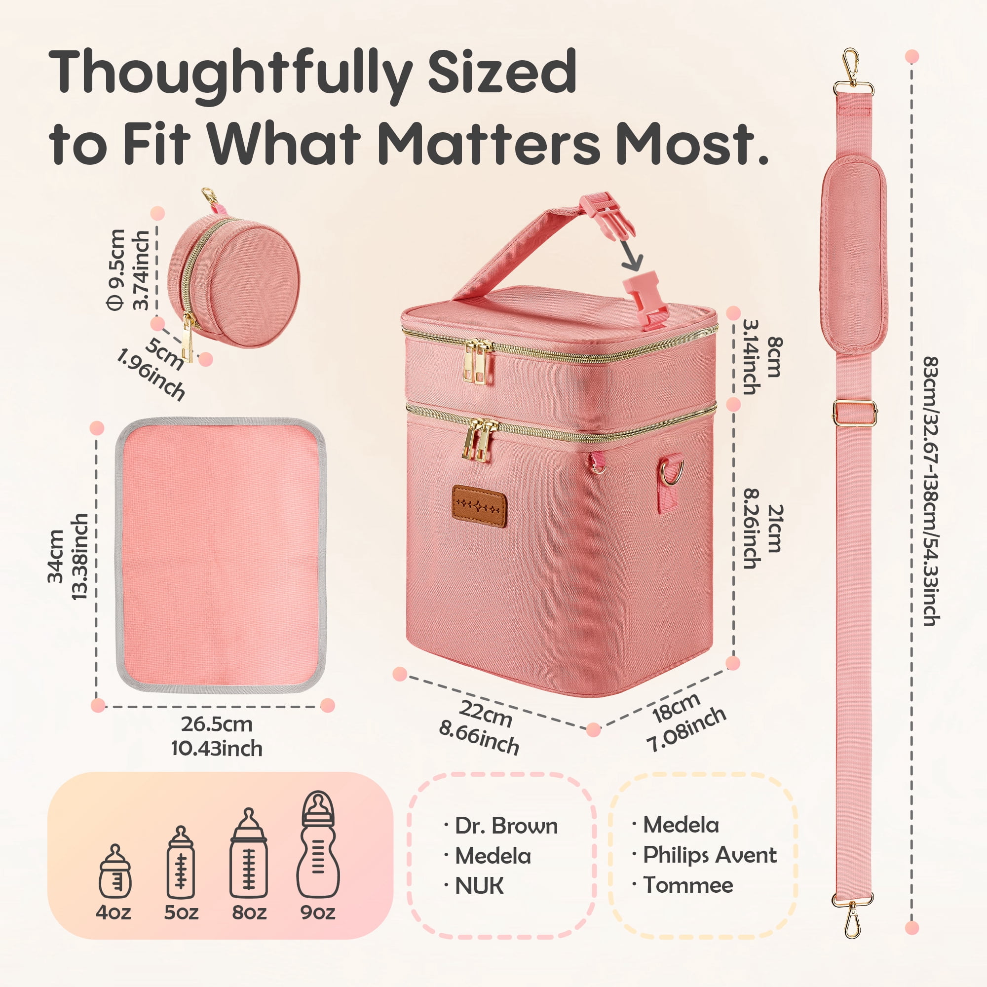 DERSTUEWE Breastmilk Cooler Bag with Ice pack , 2-Layer Travel Insulated Baby Bottle Bag, Pink