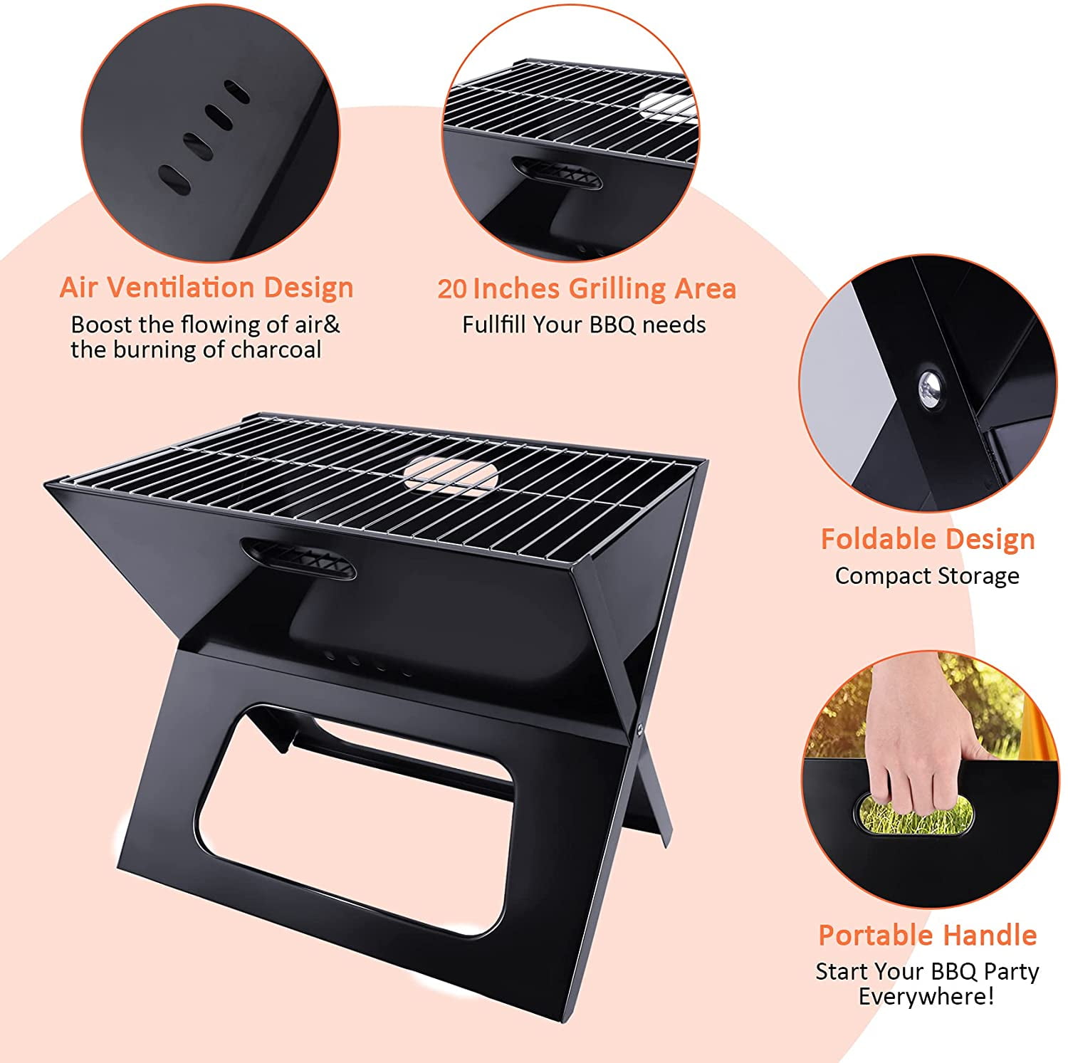 YSSOA Charcoal BBQ Grill 3.5mm Cooking Bars Instant Foldable & Easy Portability for Outdoor Barbecues Camping - Black